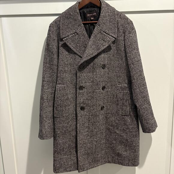 Michael Kors Coat Mens XL Gray Glen Plaid Wool Blend Double Breasted Topcoat - Picture 1 of 15